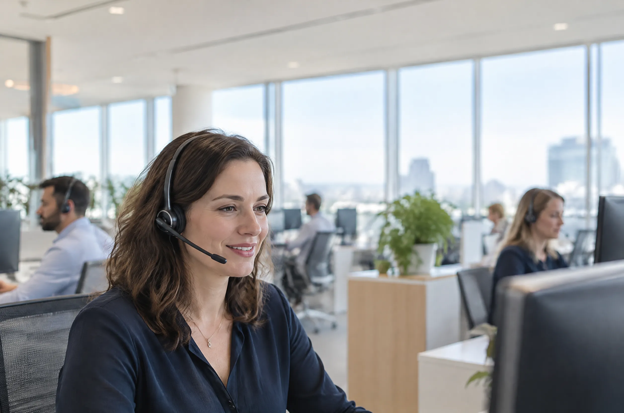A customer service representative with a headset, smiling at her desk in a sunlit service center.