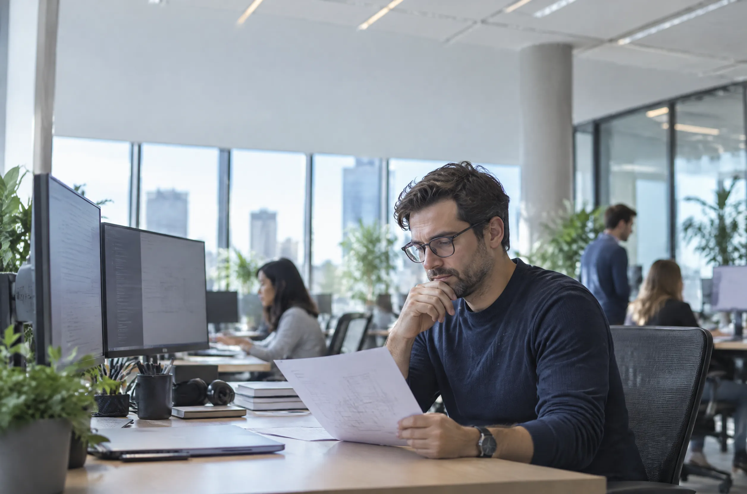 An IT engineer at two monitors, thinking over a system diagram on paper.
