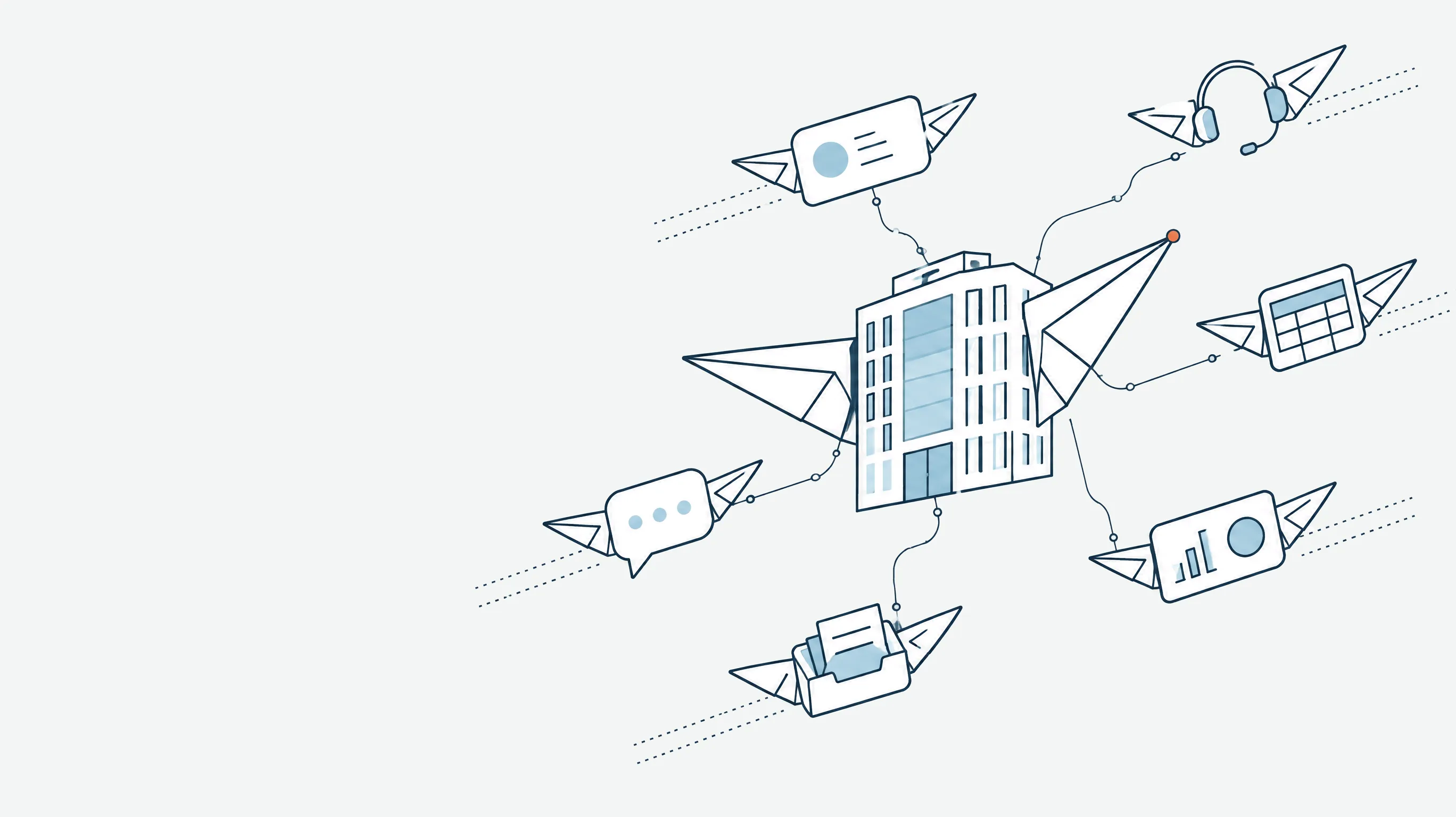 Line illustration: an office building and its everyday systems, a contact card, a headset, a spreadsheet, a chat bubble, an inbox and a dashboard, flying together on paper wings.